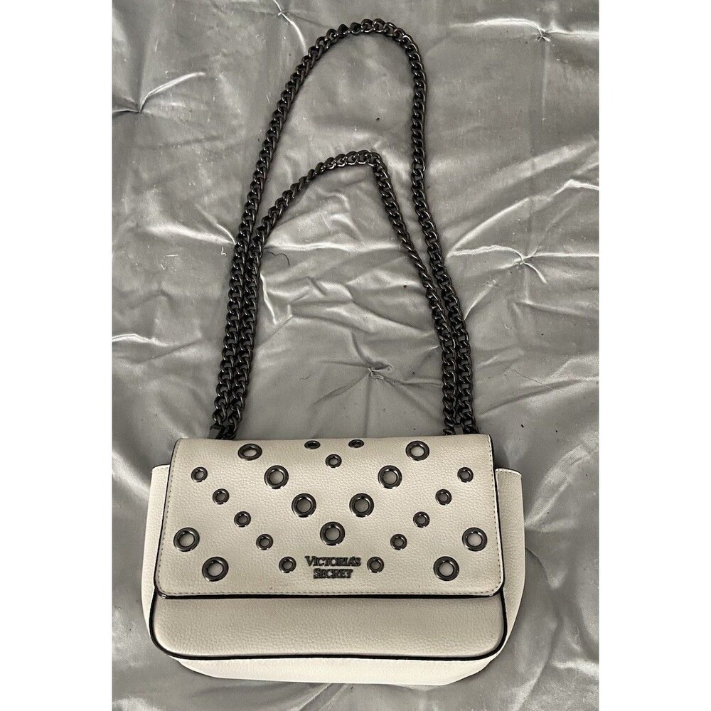 Victoria’s Secret White Crossbody Purse Studded Eyelet  Chain Strap Small  Bag